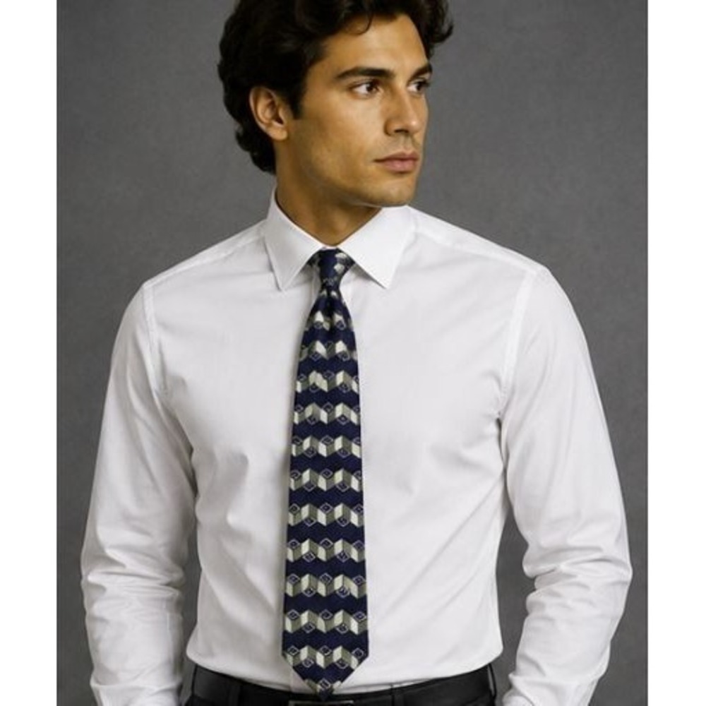 Robert Stewart 100% Silk Tie Geometric Navy Blue & White Made in USA Preppy Ivy